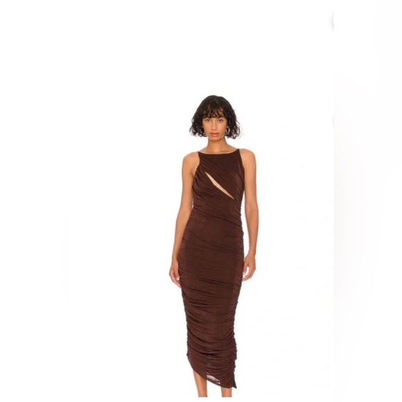 NBD revolve Brown ruched fitted slit dress maxi sexy night out holidays chic - Picture 12 of 12